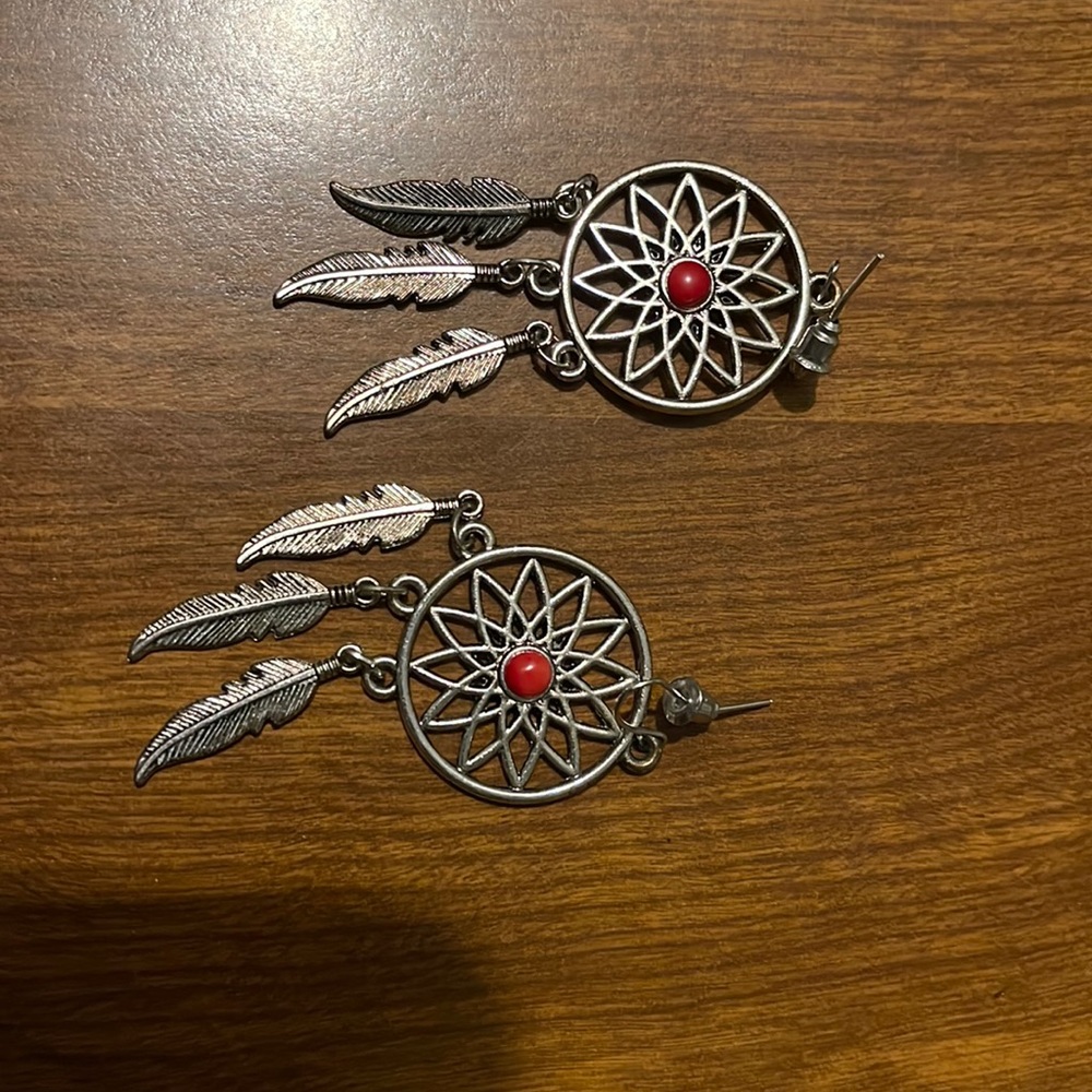 Silver tone with red Indian inspired earrings